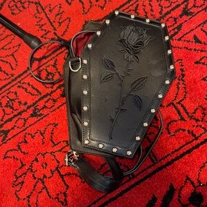 Dolls Kill Black Coffin Crossbody Bag with Rose Embroidery